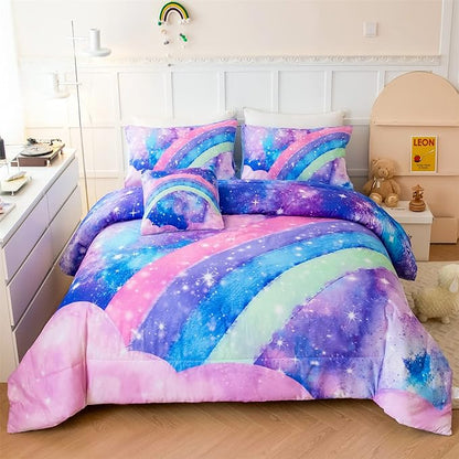 Tie Dye Blue Teens Comforter Set Queen for Girls, 3D Rainbow Gradient Glitter Bed in A Bag, 6 Pieces Twinkle Nebula Comforter Kids Bedding Set for All Season - LeafyLoom