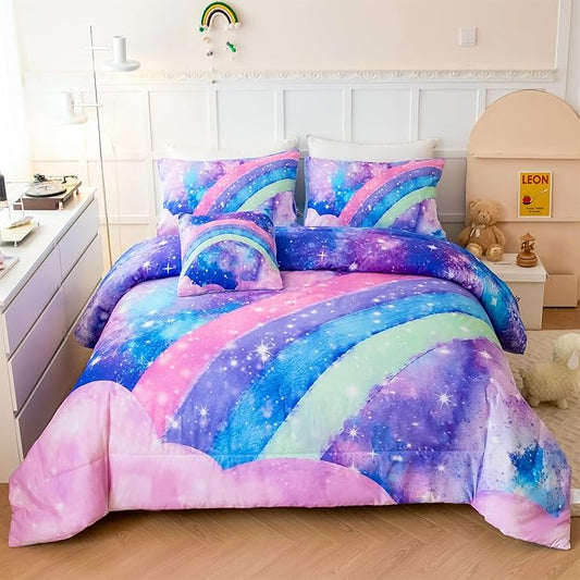 Tie Dye Comforter Girls Twin Comforter Set, 6 Pieces Colorful Rainbow Bed in A Bag, Pastel Gradient Galaxy Bedding Sets with Sheets, Comforter and Pillowcases for Teens Kids - LeafyLoom