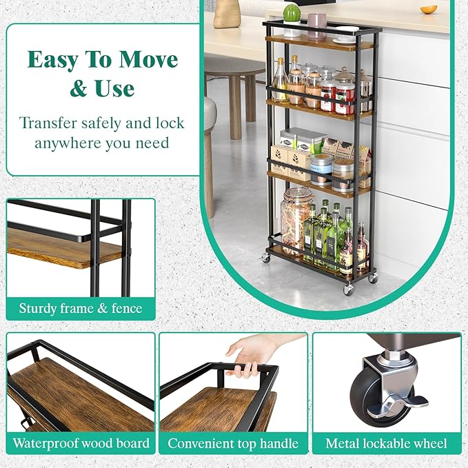 Slim Storage Cart 4 Tier Narrow Kitchen Rolling Cart on Wheels for Small Space, Mobile Spice Rack Seasoning Organizer Utility Serving Cart for Kitchen Bathroom Laundry, Brown - LeafyLoom