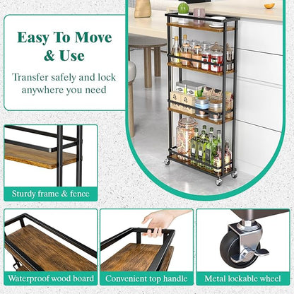 Slim Storage Cart 4 Tier Narrow Kitchen Rolling Cart on Wheels for Small Space, Mobile Spice Rack Seasoning Organizer Utility Serving Cart for Kitchen Bathroom Laundry, Brown - LeafyLoom