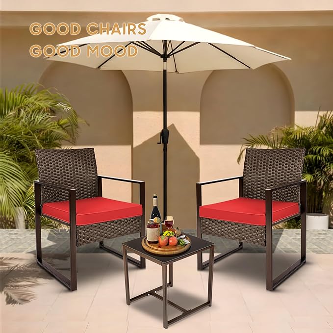 YIYAN 3 Pieces Outdoor Furniture Set Patio Rattan Wicker Chairs & teatable,Lawn Garden Balcony Backyard,with Washable Cushion (Red) - LeafyLoom