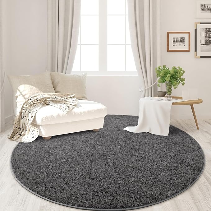 Round Area Rugs for Bedroom Living Room, 6x6 Dark Grey Super Soft Comfy Thickened Memory-Foam Indoor Circle Carpet, Modern Aesthetic Minimalist Carpet for Boys Girls Adults Nursery Home Décor - LeafyLoom