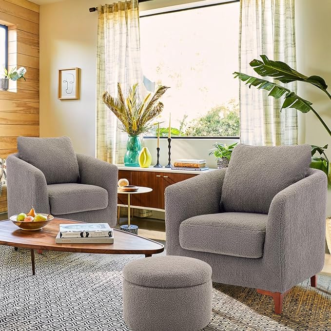 COLAMY Sherpa Accent Chair with Storage Ottoman Set, Upholstered Barrel Arm Chair with Footrest, Modern Living Room Chair with Back Pillow, Grey - LeafyLoom