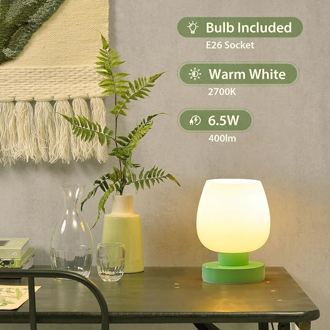 Touch Bedside Table Lamp Set of 2 - Small Modern Table Lamp for Bedroom Living Room Nightstand, 3-Way Dimable Desk lamp with Light Pink Glass Lamp Shade, 2700K LED Bulb, Simple Design Green - LeafyLoom