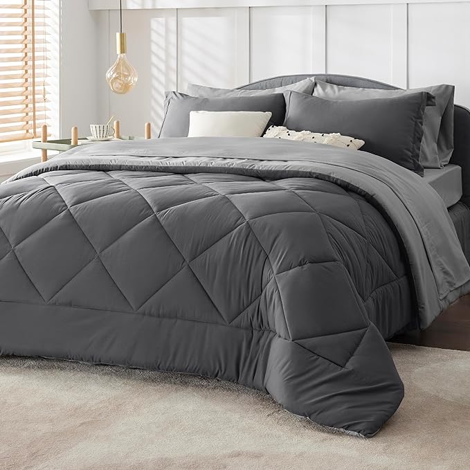 Bedsure Dark Grey California King Size Comforter Set - 7 Pieces Reversible California King Bed in a Bag, California King Dark Grey Bed Set with Comforters, Sheets, Pillowcases & Shams - LeafyLoom