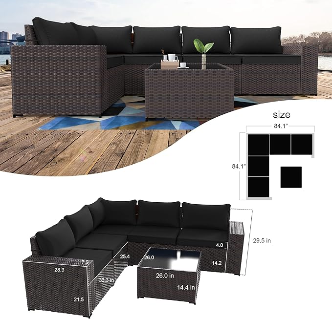 Kullavik 6PCS Outdoor Patio Furniture Set PE Wicker Rattan Sectional Sofa Patio Conversation Sets,Black - LeafyLoom