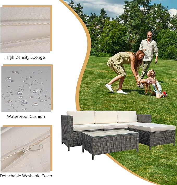 5 Piece Outdoor Patio Sectional Furniture Set, Weather Resistant Rattan Outside Couch, Waterproof Conversation Sofa for Balcony, Porch, Backyard, Deck, Garden,Beige - LeafyLoom