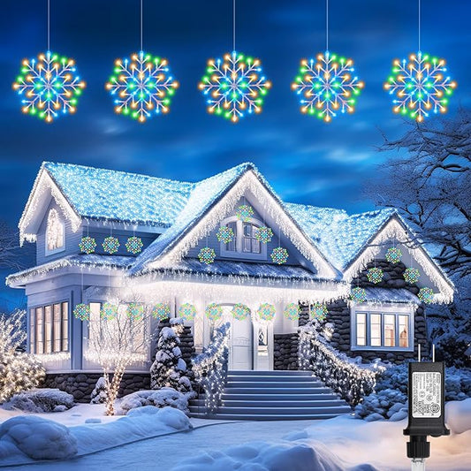 Christmas Snowflake Icicle Lights Outdoor - Plug-in 10.5ft 5 Drops 240LED Snowflake Window Lights with 8 Modes, Hanging Lights for Indoor Outdoor Porch Eaves Rooftops Christmas Decor, Multicolor Brightown