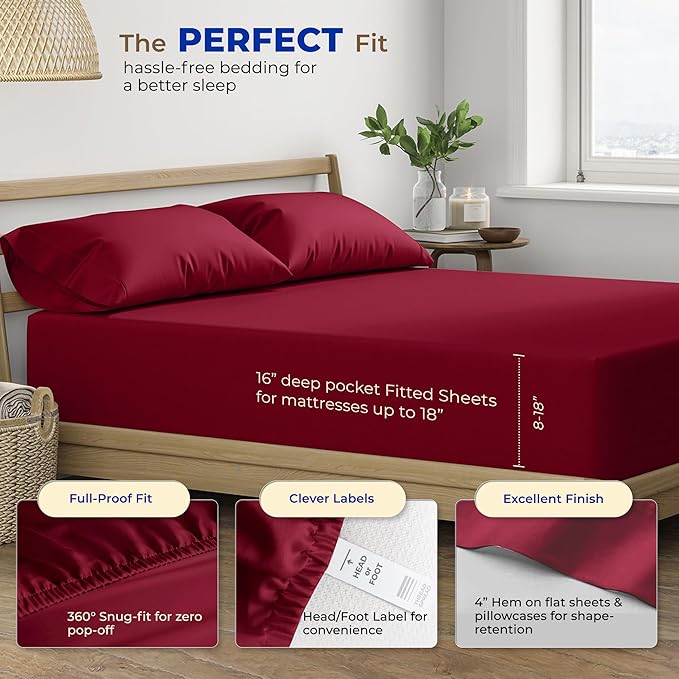 THREAD SPREAD Luxury Egyptian Cotton Sheets Twin XL Size - 600 Thread Count 3 PC Twin XL Sheets Deep Pockets, Soft, Cooling Extra Long Staple Sateen Weave College Dorm Bedding Twin XL - Burgundy - LeafyLoom