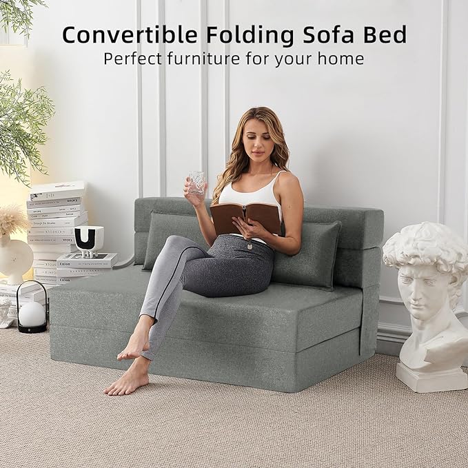 Convertible Folding Sofa Bed-Sleeper Chair with Pillow, Modern Linen Fabric Floor & Futon Couch, Foldable Mattress for Living Room/Dorm/Guest Use/Home Office/Apartment, Queen Size, Light Gray - LeafyLoom