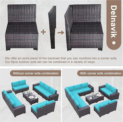 Patio Furniture Set Sofa 12-Pieces Wicker Sectional Sofa Set, Outdoor Furniture Rattan Patio Conversation Set with Thickened Cushions and Glass Coffee Table, Blue - LeafyLoom