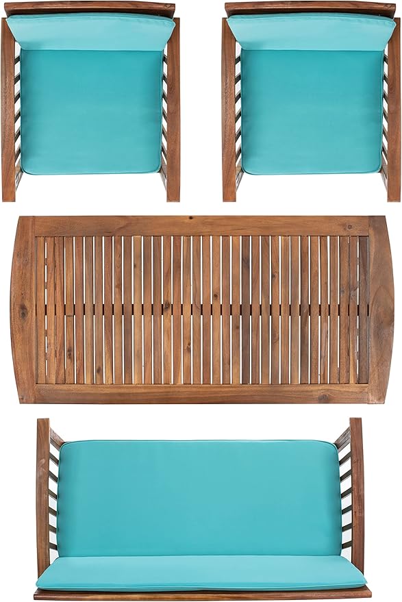 SAFAVIEH Outdoor Collection Rocklin Natural/ Aqua Cushion 4-Piece Conversation Patio Set - LeafyLoom