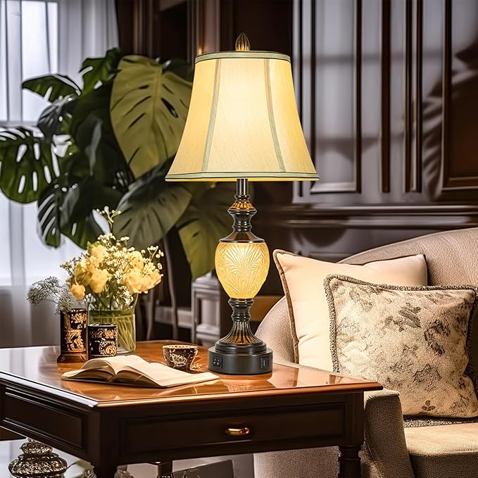 27'' High Vintage Table Lamp Set of 2 for Living Room Farmhouse Bedside Lamp with Fabric Shades Boho Nightstand Lamp with USB and Nightlight for Bedroom Home Office Hotel Bar (Led Bulb Included) - LeafyLoom