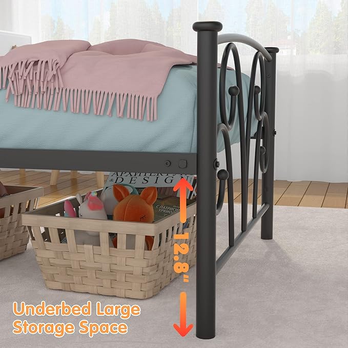 Timy Kids Twin Bed Frame with Headboard and Footboard, Metal Platform Bed Frame with 12 Inch Storage Space for Boys Girls Teens Adults, No Box Spring Needed, Black - LeafyLoom