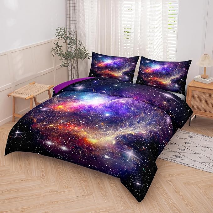 Tailor Shop Galaxy Comforter Space Kids Bedding Set Full Size, Purple Comforter for Girls with 2 Pillowcase - LeafyLoom