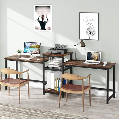 Tribesigns 96.9" Double Computer Desk with Printer Shelf, Extra Long Two Person Desk Workstation with Storage Shelves, Large Office Desk Study Writing Table for Home Office, Dark Brown - LeafyLoom