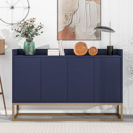 Sideboard Buffet Cabinet with Large Storage Space,Modern Particle Board Kitchen Console Table,W/ 4 Doors and Gold Metal Legs,Dining Room,Entryway,Navy, 47.2" - LeafyLoom