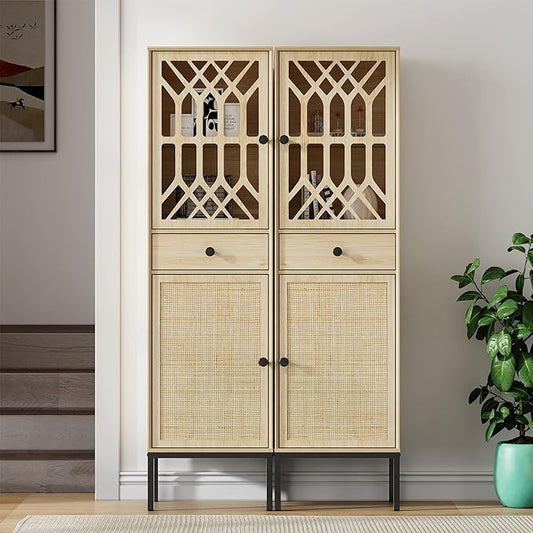 XIAO WEI 2-Piece Tall Cabinet Narrow Linen arched cabinet Storage Cabinet Natural Rattan Doors Fretwork Pattern Doors for Living Room Entryway Kitchen Home Office Bathroom - LeafyLoom