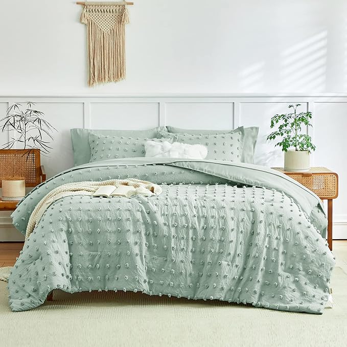 7 Pieces Tufted Dots Bed in a Bag Queen Comforter Set with Sheets Green , Soft and Embroidery Shabby Chic Boho Comforters, Solid Color with Pom Pom Design, Jacquard Tufts Bedding Set for All Season - LeafyLoom