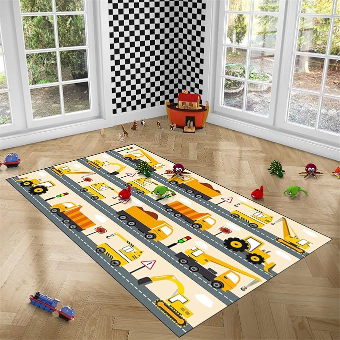 Construction Rug Car Rug Construction Rugs for Boys Room Cartoon Truck Area Rug Construction Play Mat Car Rug for Boys Room Construction Decor for Boys Room 4'5''×6' - LeafyLoom