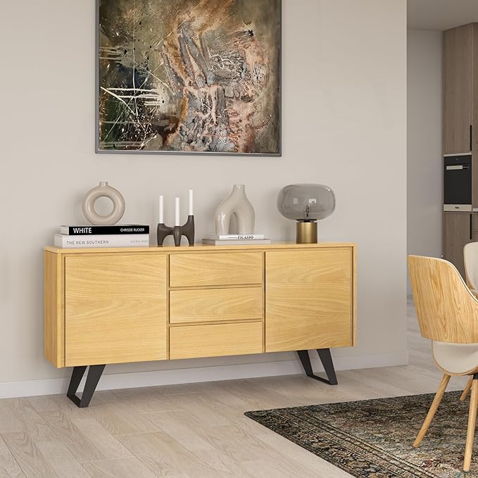 SIMPLIHOME Lowry 60 Inch Wide Rectangle Modern Industrial Sideboard Buffet in OAK WOOD, For the Dining Room and Kitchen - LeafyLoom