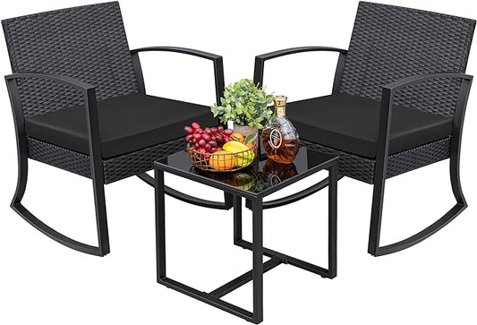 Greesum 3 Pieces Outdoor Furniture Set Patio Bistro Rocking Chairs with Glass Coffee Table for Pool Beach Backyard Balcony Porch Deck Garden, Black - LeafyLoom