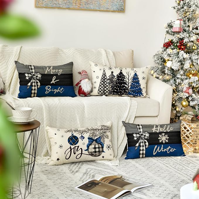 AVOIN colorlife Merry Christmas Joy Xmas Trees Blue and Black Throw Pillow Covers, 12 x 20 Inch Christmas Winter Holiday Cushion Case Decoration for Sofa Couch Set of 4 AVOINcolorlife