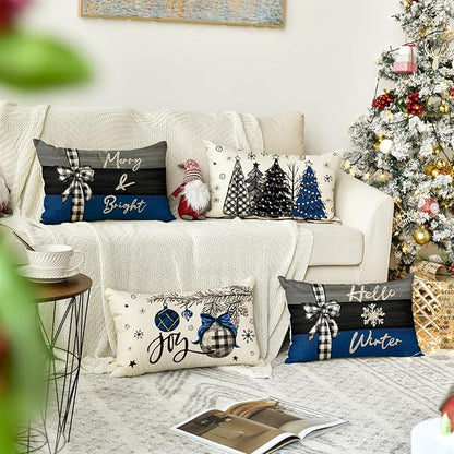 AVOIN colorlife Merry Christmas Joy Xmas Trees Blue and Black Throw Pillow Covers, 12 x 20 Inch Christmas Winter Holiday Cushion Case Decoration for Sofa Couch Set of 4 AVOINcolorlife