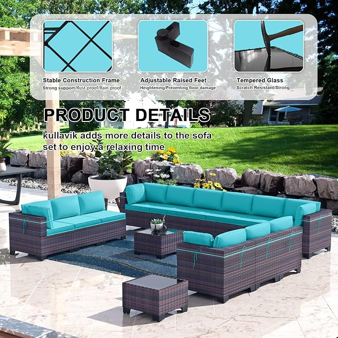 Kullavik 14PCS Outdoor Patio Furniture Set PE Wicker Rattan Sectional Sofa Patio Conversation Sets,Blue - LeafyLoom