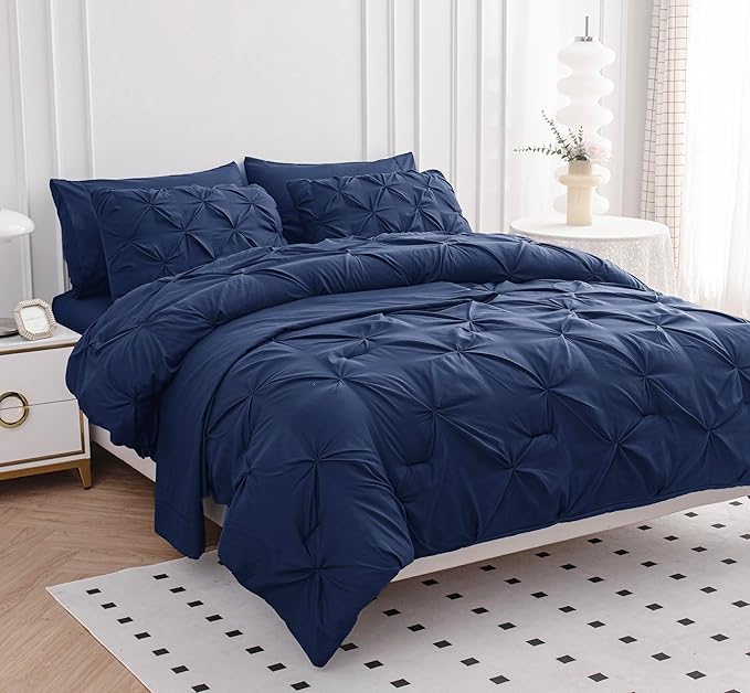 Lane Linen King Size Comforter Set, 7 Piece Bedding King Size, Pintuck King Bed in a Bag Set, Soft King Size Bed Set, Pinch Pleated King Size Comforter Set with Sheets, Pillowcases & Shams - Navy Blue - LeafyLoom