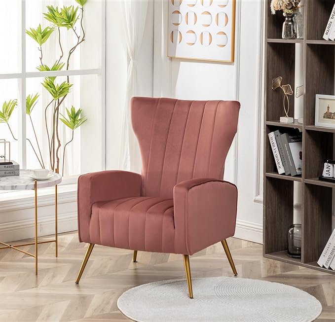 Armchair Modern Velvet Accent Chair, Channel Tufted Bedroom, Office or Living Room Furniture with Elegant Metal Legs, Rose - LeafyLoom