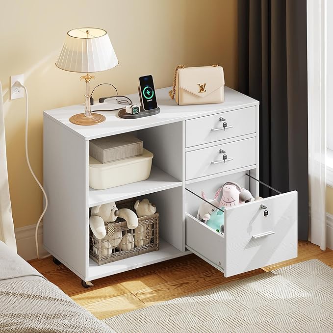 DWVO 3 Drawer File Cabinet with Charging Station, Mobile Filing Cabinet with Lock, White - LeafyLoom