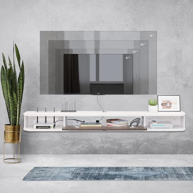 Pmnianhua Floating TV Console,55'' Wall-Mounted Media Console,Floating TV Cabinet,Modern Floating TV Stand,Under TV Entertainment Shelf with Door and Storage for Bedroom Living Room (Grey-White) - LeafyLoom