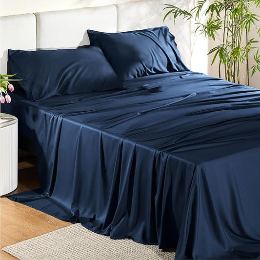 Bedsure Full Size Sheets, Cooling Sheets Full, Rayon Derived from Bamboo, Deep Pocket Up to 16", Breathable & Soft Bed Sheets, Hotel Luxury Silky Bedding Sheets & Pillowcases, Navy - LeafyLoom