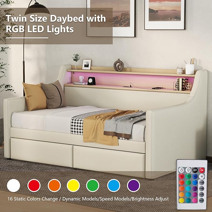 Twin Size Daybed with 2 Storage Drawers, Upholstered Daybed with Charging Station and LED Lights, Twin Size Day Bed Frame for Living Room, Bedroom, Beige - LeafyLoom