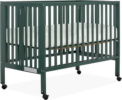 Quinn Full-Size Folding Crib in Olive, Removeable Wheels, Modern Nursey, Adjustable Mattress Support, Portable Crib, Patented Folding System - LeafyLoom