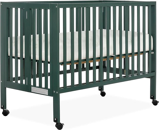 Quinn Full-Size Folding Crib in Olive, Removeable Wheels, Modern Nursey, Adjustable Mattress Support, Portable Crib, Patented Folding System - LeafyLoom