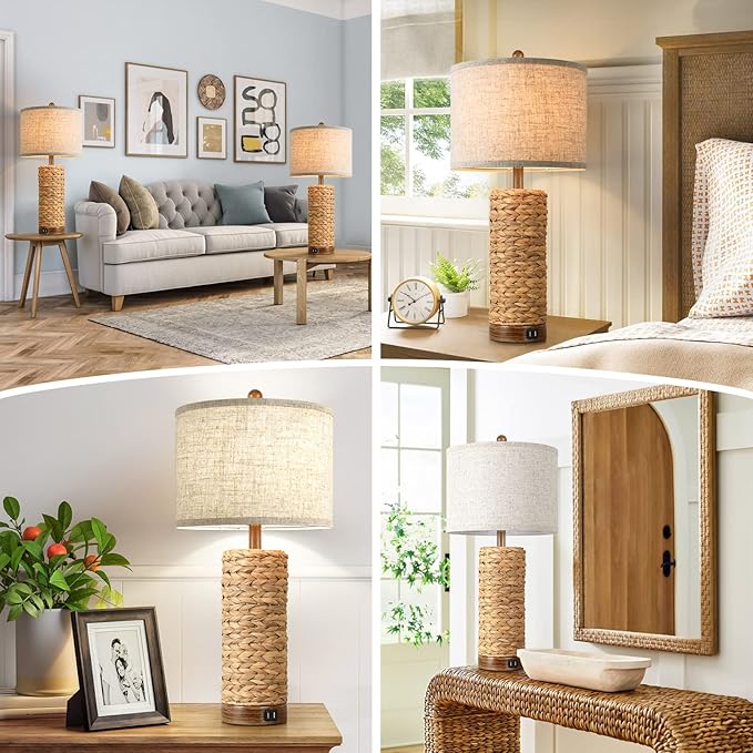 Set of 2 Rattan Table Lamps for Living Room with 2 USB Ports, 27in Tall Bedroom Lamp Costal Farmhouse, Rustic Woven Seagrass Bedside Nightstand Lamps for End Table, E26 Socket&Rotary Switch, No Bulb - LeafyLoom