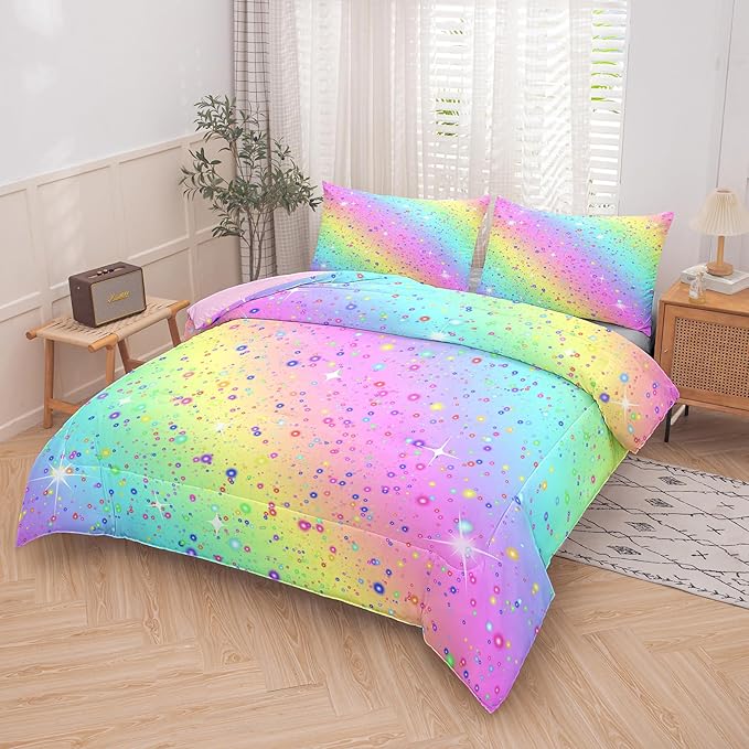 Girls Comforter Set Queen, Rainbow Bedding Set, Galaxy Twinkle Bedding for Kids Teens, Colorful Pastel Bedding Set, 5 pcs Bed in A Bag Queen, Kids Princess Bedding Set for Girls - LeafyLoom