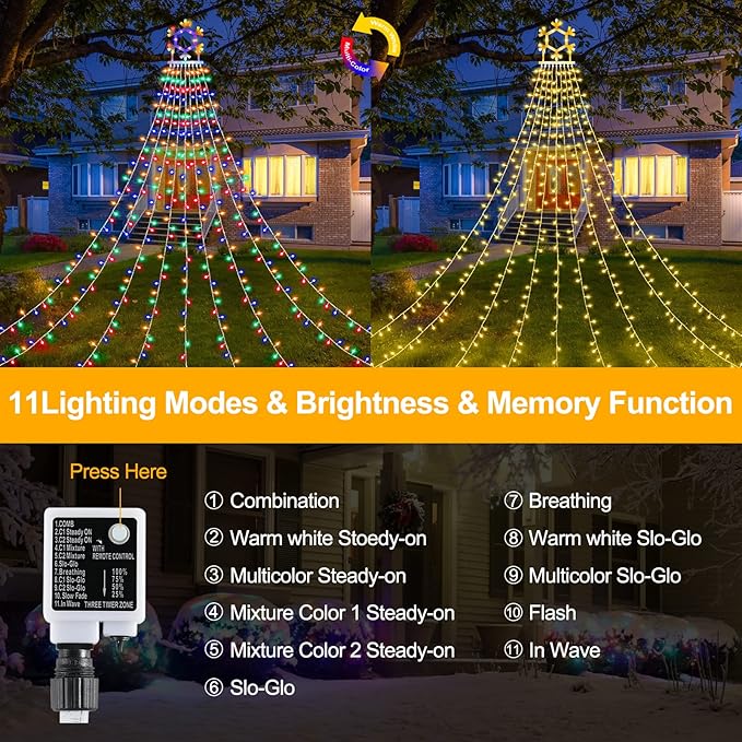 PUHONG Christmas Decorations, 320 LED Outdoor String Lights, Snowflakes Hanging Christmas Tree Topper Lights with 11 Modes for Holiday, Wedding, Party, Yard Decor (Warm White&Multicolored) PUHONG