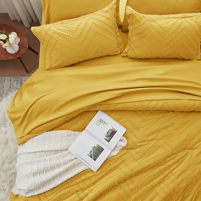 Anluoer Queen Comforter Set, Mustard Yellow Tufted Bed in a Bag 7 Pieces with sheets, All Season Bedding Sets with 1 Comforter, 2 PillowShams, 2 Pillowcases, 1 Flat Sheet, 1 Fitted Sheet - LeafyLoom