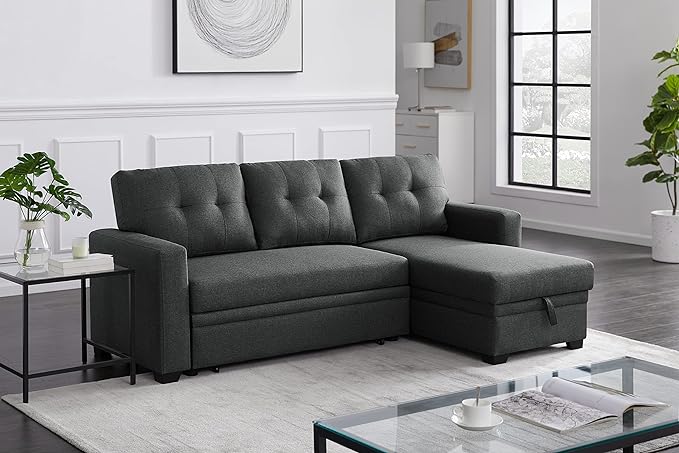 RITSU Reversible Storage Sectional Sofa, Linen Tufted Cushion Chaise Lounge, Multifunctional Seat with Pull Out Bed, Living Room Triple Couch, Grey, 82 inch, Dark Gray - LeafyLoom