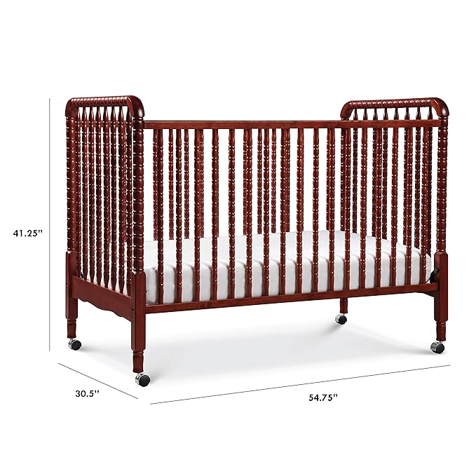 DaVinci Jenny Lind 3-in-1 Convertible Crib in Rich Cherry, Removable Wheels, Greenguard Gold Certified - LeafyLoom