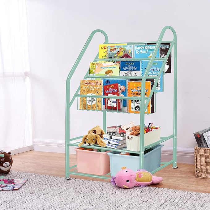 aboxoo Metal Kids Bookshelf Green Bookcase Freestanding for Children Room 24 in Toy Organizer Green Stable Bookcase Bookstore Library Book Unit Storage - LeafyLoom