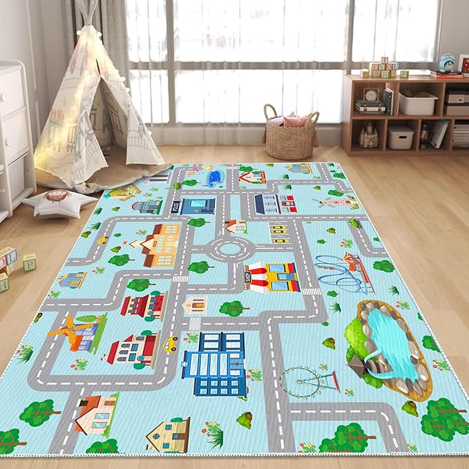 Kids Car Rug, 5x7 City Life Traffic Road Playmat for Toy Cars Trains, Non-Slip Race Track Carpet Educational Fun Area Rugs for Boy and Girl Bedroom Nursery - LeafyLoom