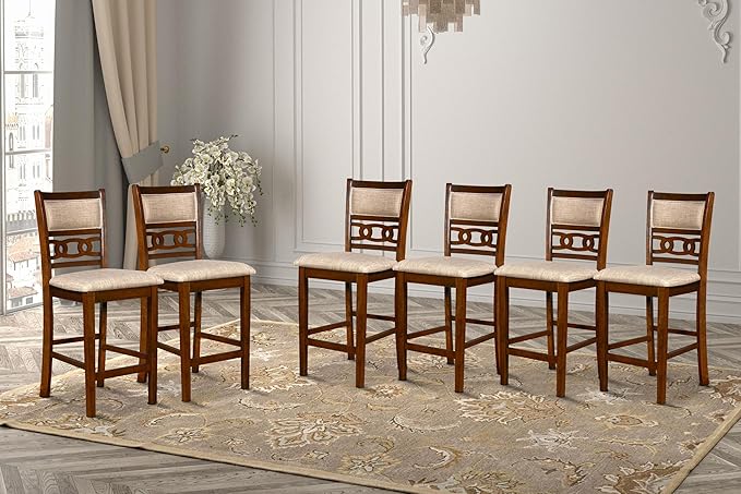 New Classic Furniture Gia Counter Dining Chair (Set of Six), Light Brown Fabric Upholstered Seat & Back Rest, Cherry Brown - LeafyLoom