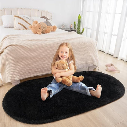 Merelax Soft Shaggy Rug for Kids Bedroom, Oval 2.6'x5.3' Black Plush Fluffy Carpets for Living Room, Furry Carpet for Teen Girls Room, Anti-skid Fuzzy Comfy Rug for Nursery Decor Cute Baby Play Mat - LeafyLoom