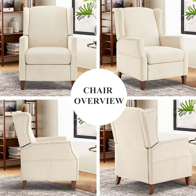 COLAMY Wingback Pushback Recliner Chair with Storage Pocket, Upholstered Fabric Living Room Chair Armchair with Wood Legs and Nailhead Trim, Beige - LeafyLoom