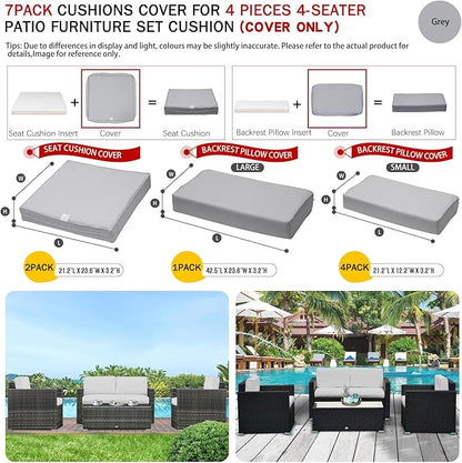 ClawsCover 7Pack Outdoor Seat and Back Cushions Replacement Covers Fits for 4-Seater 4Pieces Wicker Rattan Patio Conversation Set Sectional Couch Chair Furniture,Gray-Include Cover Only - LeafyLoom