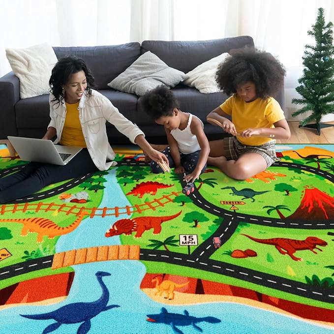 Kids Carpet Playmat Rug,59"X39.4" Dinosaur Car Rugs for Kids Toy Cars,Non Slip Dino Safari Road Map Kids Rug for Playroom Bedroom Boys,Kids Play Mat Road Rug,Track Rug Car Play Carpet for Kids - LeafyLoom